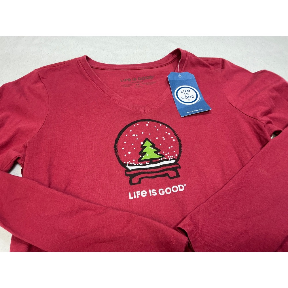 Life‎ is Good Women's Red Long Sleeve V Neck Christmas Tree Graphic T Shirt Sz M - Picture 2 of 8